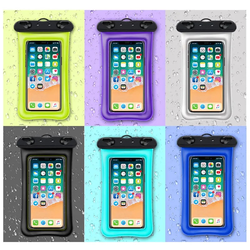 Clear double airbag waterproof phone pouch with orange lanyard on a blue background.