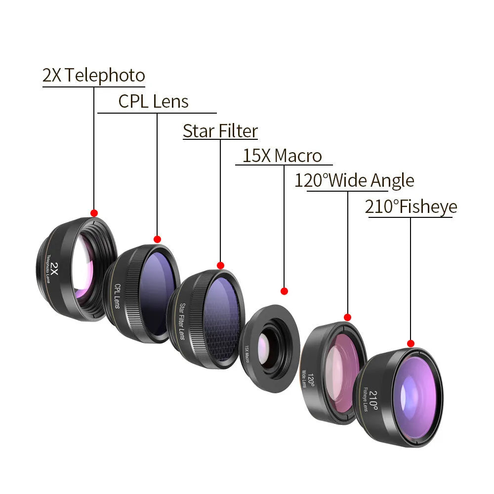 Black 6-in-1 universal smartphone camera lens kit with fisheye, macro, wide angle, telephoto, CPL, and star filters laid out with case.