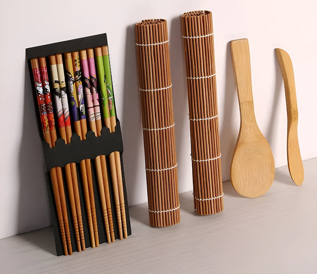 White sushi tool set with bamboo rolling mat and rice paddle for home sushi making