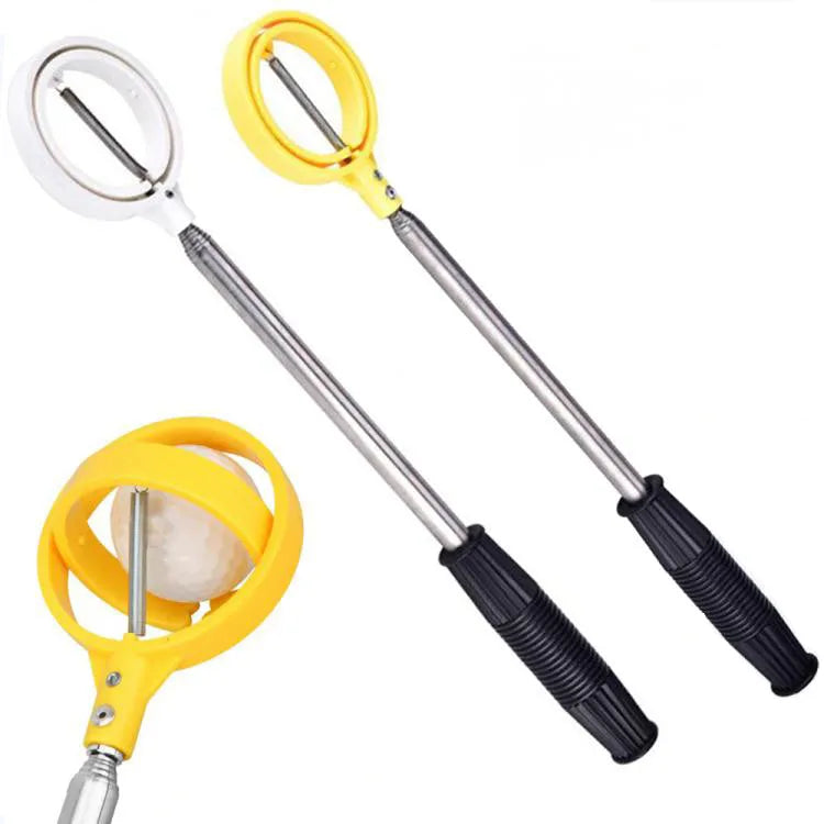 Retractable stainless steel golf ball picker with 8 sections extended to 2 metres, yellow handle