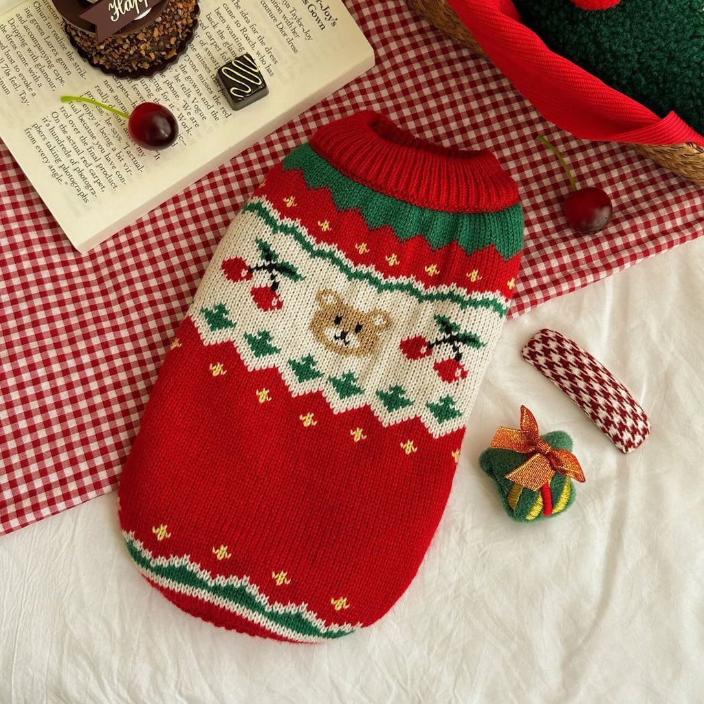 Red Christmas cherry print knitted sweater for a small dog or cat, shown in size L.