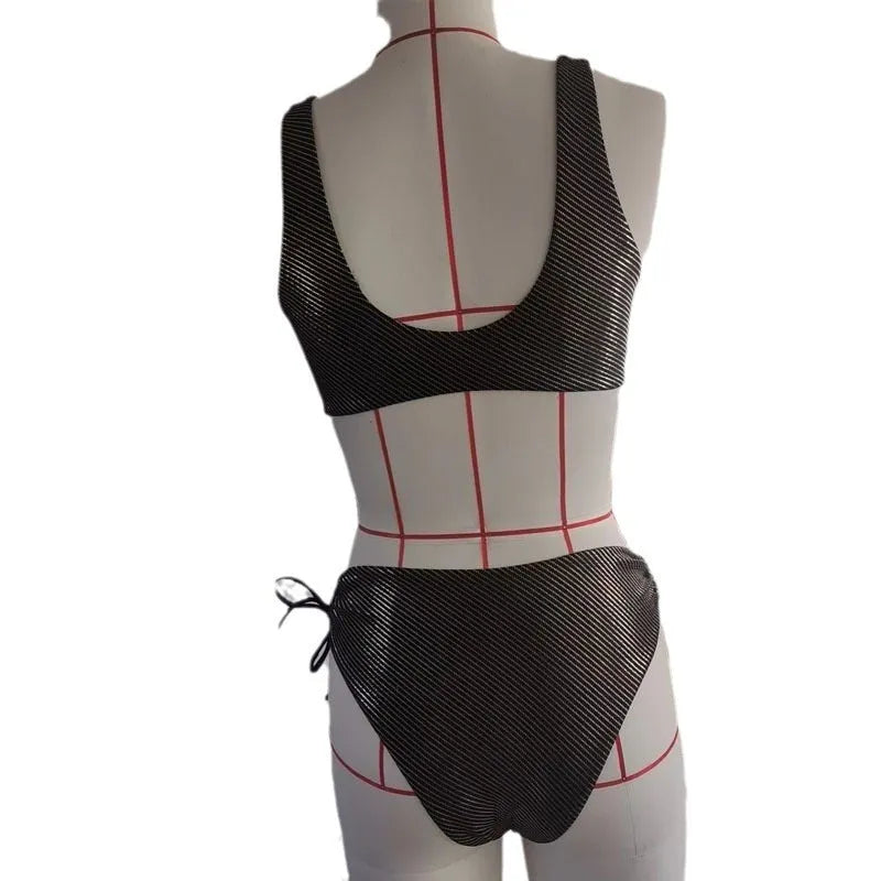 Black women's triangle swimsuit with high-waisted briefs in polyester fabric