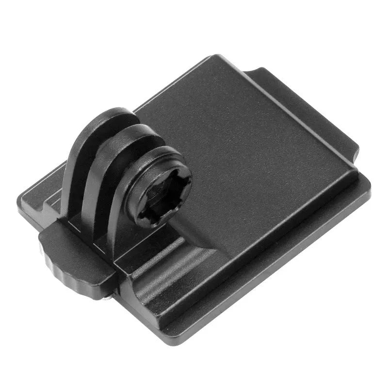 Aluminium alloy camera mounting bracket for attaching a GoPro to a cycling or motorcycle helmet.