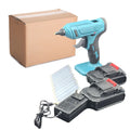 Cordless hot melt glue gun with two lithium batteries and pack of 11mm glue sticks