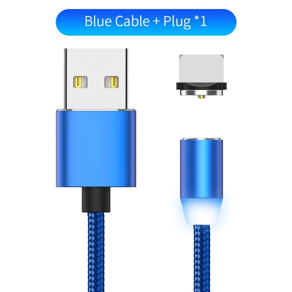 Black magnetic LED charging cable with aluminium shell and woven texture, showing LED light and connector.