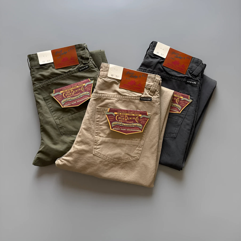 Men's straight-leg cotton casual trousers in grey, army green, and khaki colours on a mid waist fit model