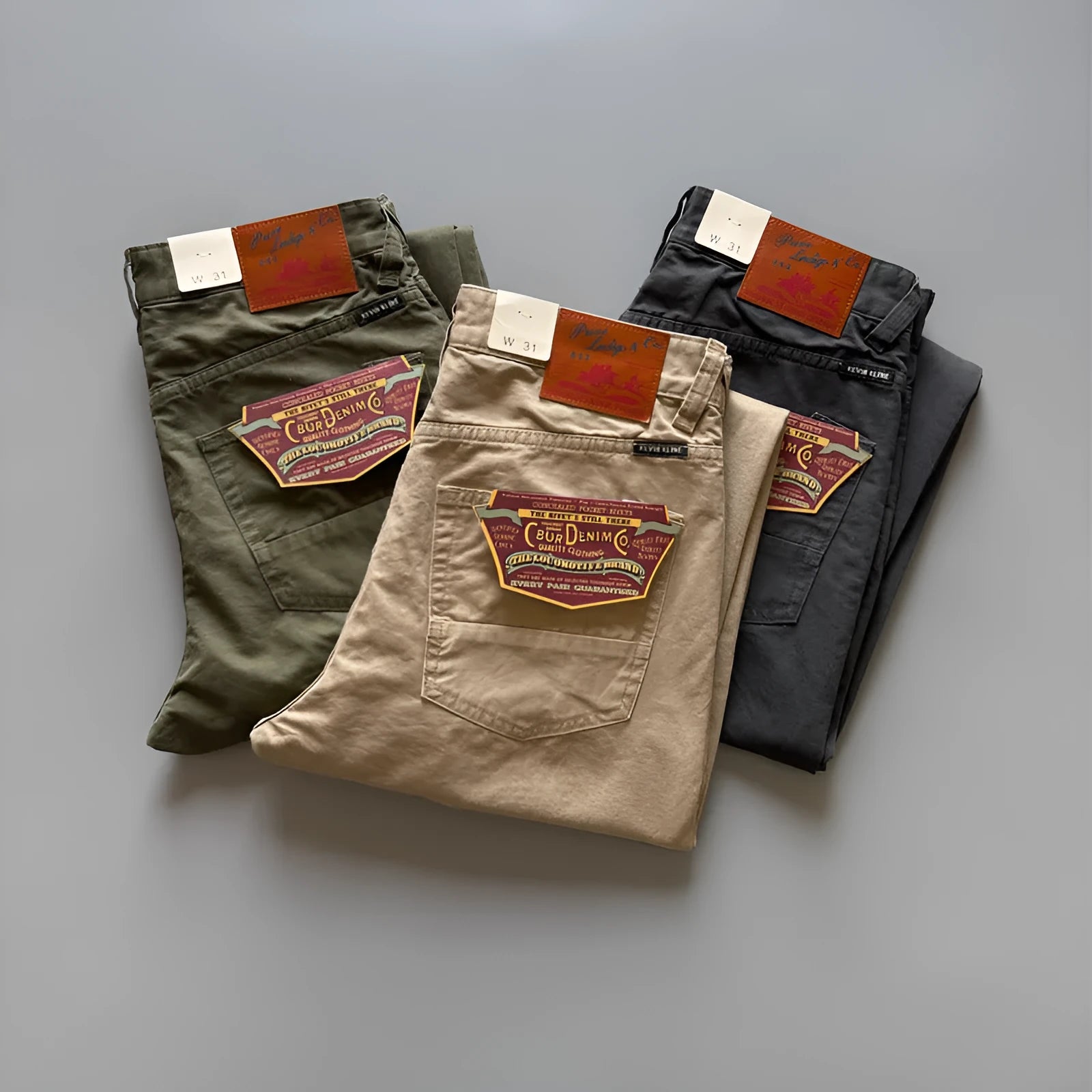 Men's straight-leg cotton casual trousers in grey, army green, and khaki colours on a mid waist fit model