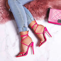 Candy Bright Toe Strap High Heels in rose red with microfiber upper and rubber sole, side view