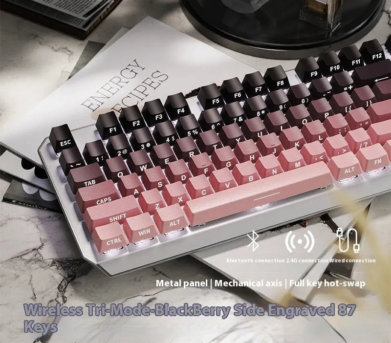 87-key wired mechanical keyboard with side-engraved keycaps, silver white finish, compact layout