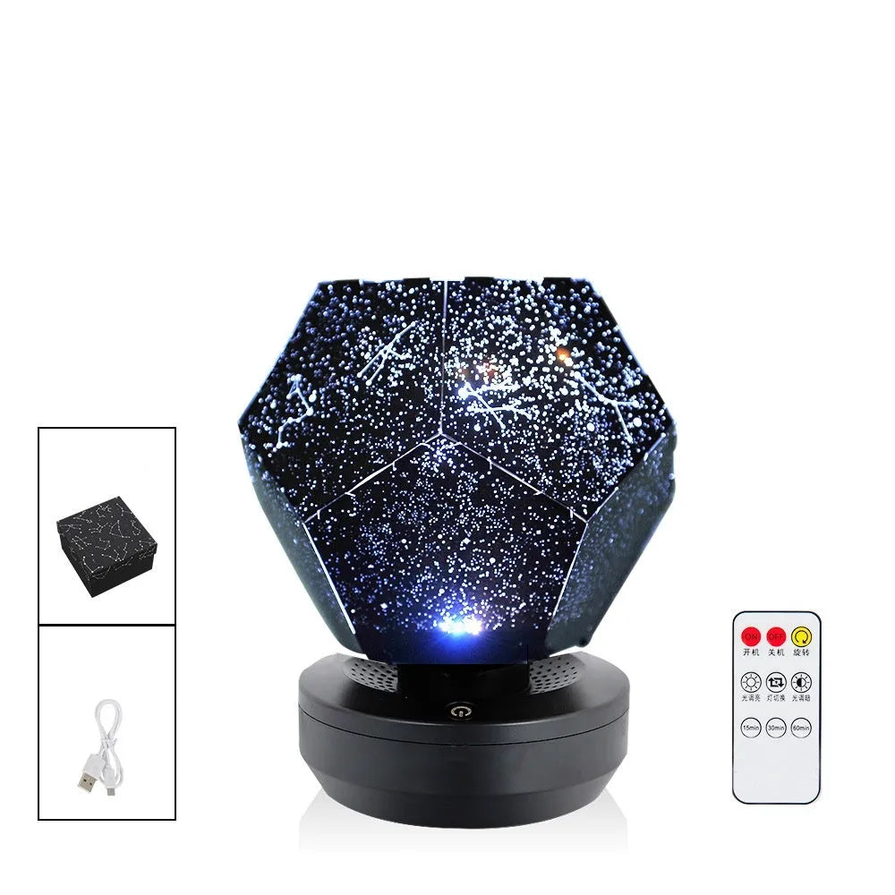 LED starry sky projector night lamp showing constellation projections on a bedroom ceiling with remote control