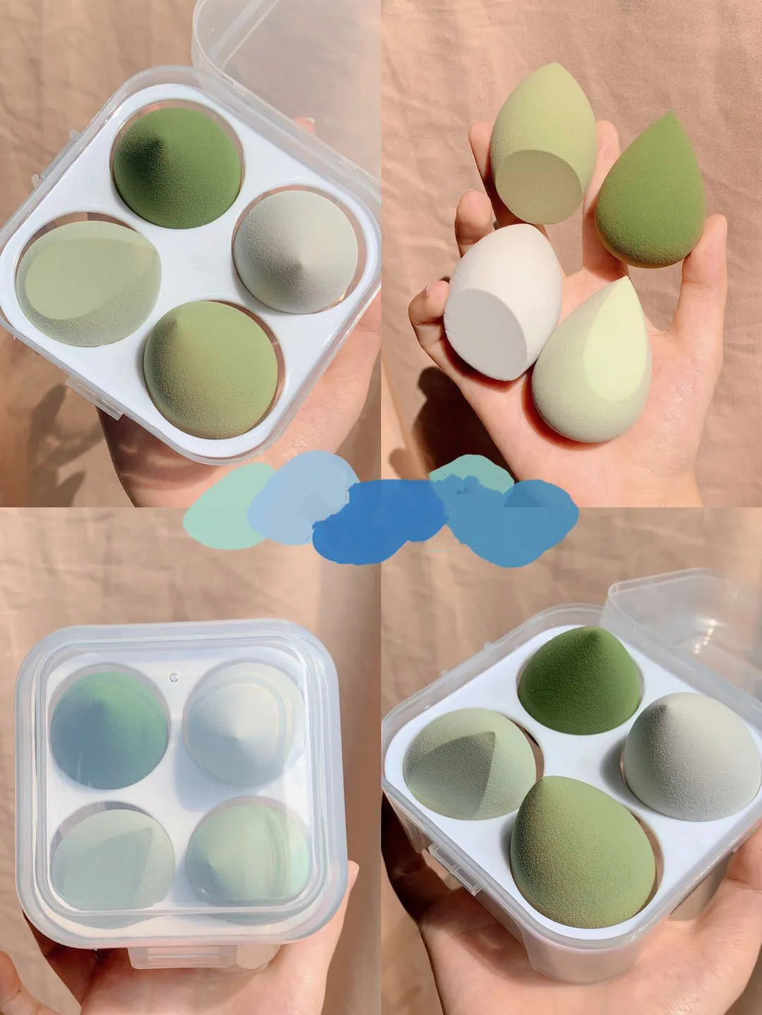 Makeup egg box with four synthetic sponge beauty eggs in different colours