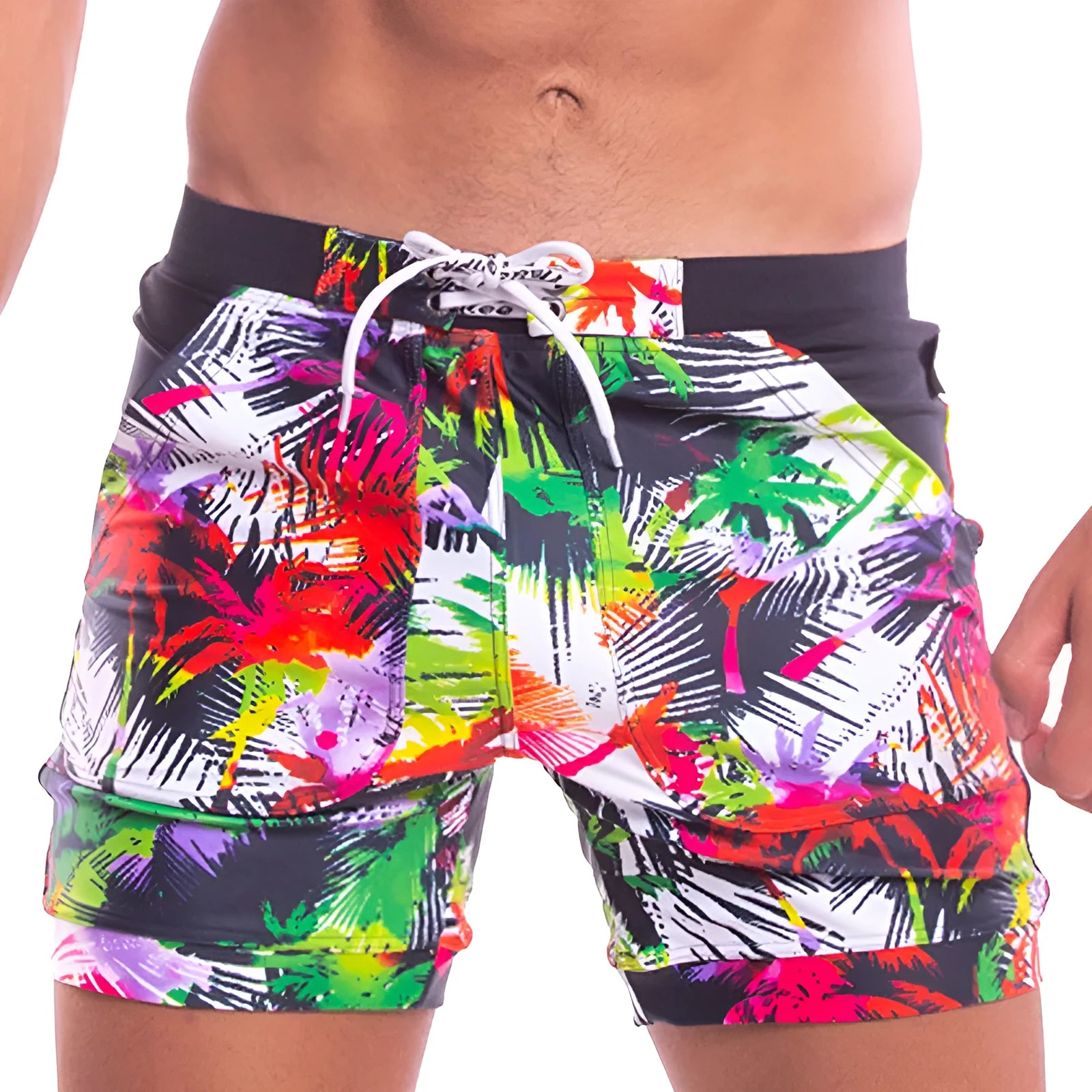 Men's spandex polyester swim shorts with elastic waistband in picture colour, available in sizes S to XXL
