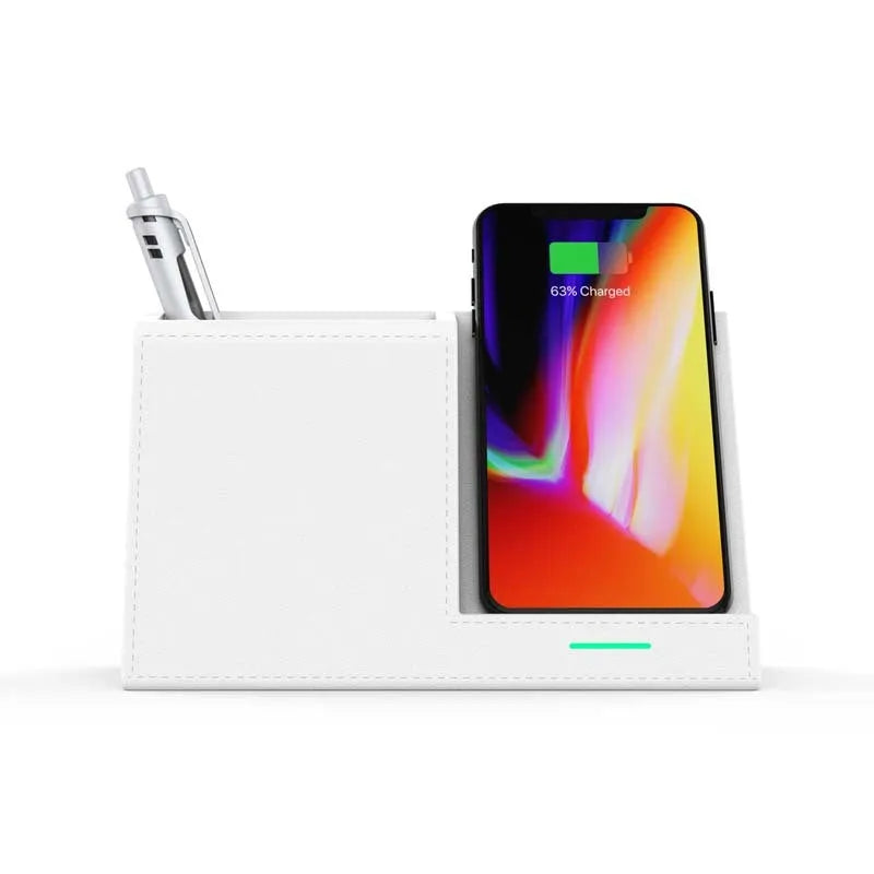 Black leather pen holder wireless charging station for desk organisation with phone charging surface