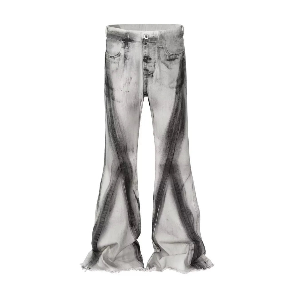 Men's retro style denim jeans with black ribbon gradient selvedge detailing and mid waist straight leg fit