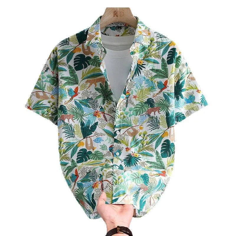 Men's floral print summer shirt with short sleeves and colourful Hawaiian pattern on cotton fabric