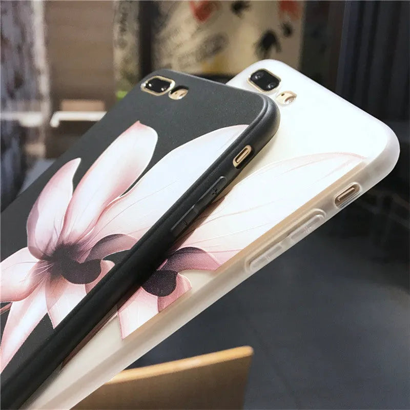Embossed flower pattern TPU phone case for iPhone in black and white options