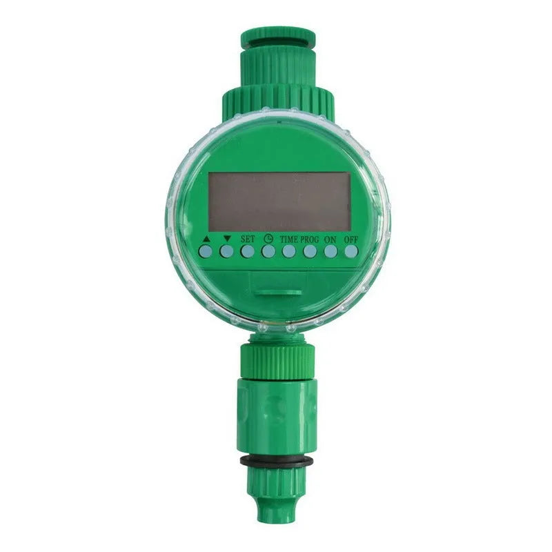 Green plastic automatic watering timer with digital display for garden hose connection.