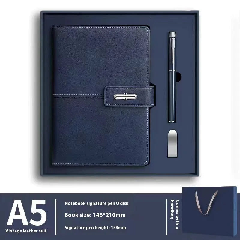 A5 notebook with PU leather cover in choice of colour, shown open on wood-free paper pages.