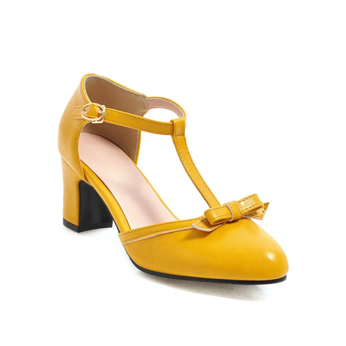 Women's apricot chunky heel sandals with an adjustable ankle strap and hollow-out design.