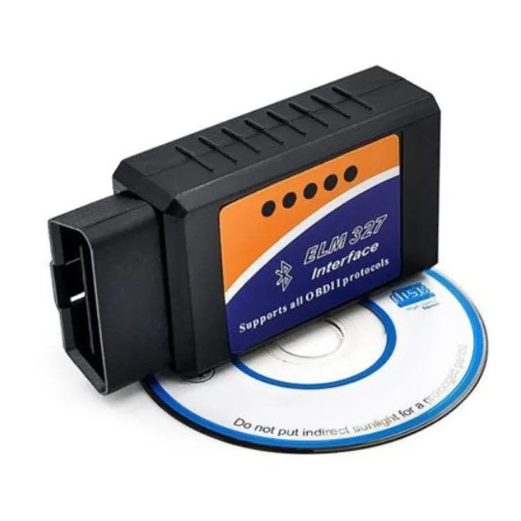 Compact blue and black Bluetooth OBD2 car diagnostic scanner with ELM327 chip.
