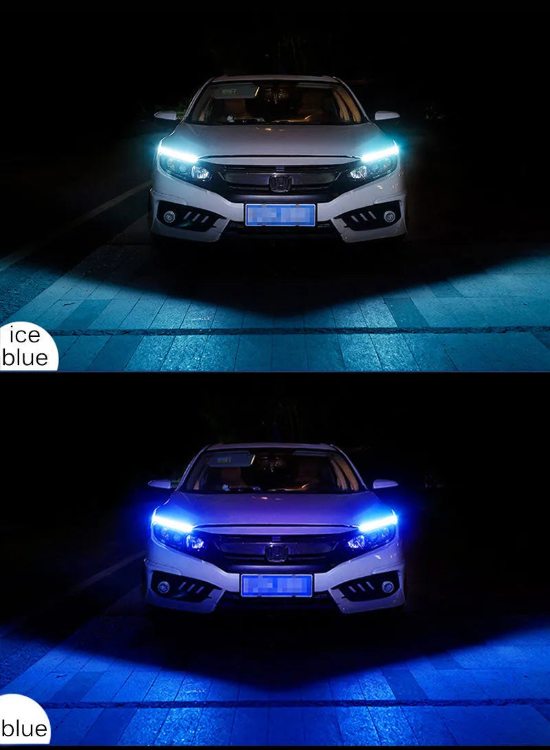 Flexible silicone car LED light strip for daytime running and flowing turn signals, showing wire connections.