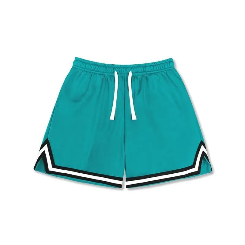 Men's loose-fit polyester sports shorts in various colours on a size chart.