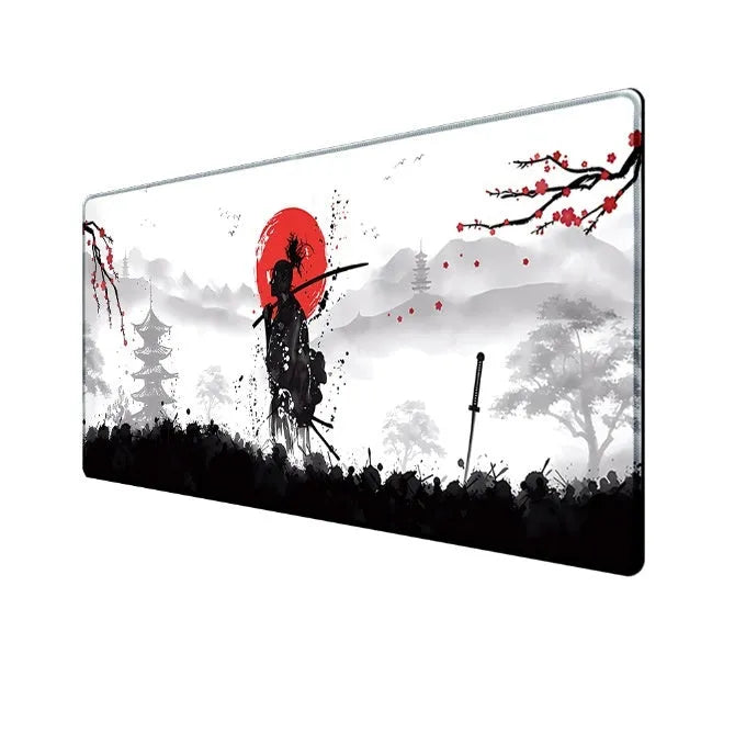 Japanese samurai pattern gaming mouse pad on desk with computer mouse