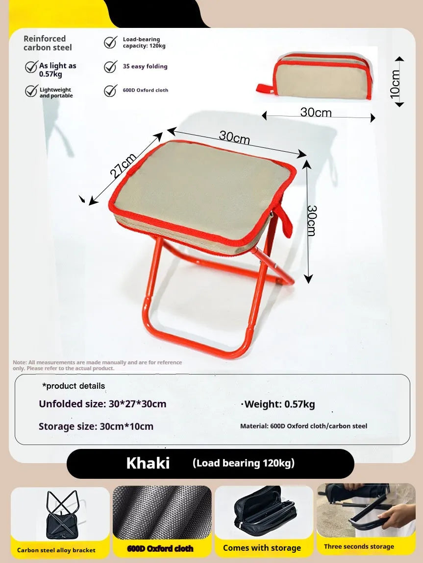 Outdoor foldable camp chair stool in Oxford fabric shown in khaki colour, folded in pencil box shape.