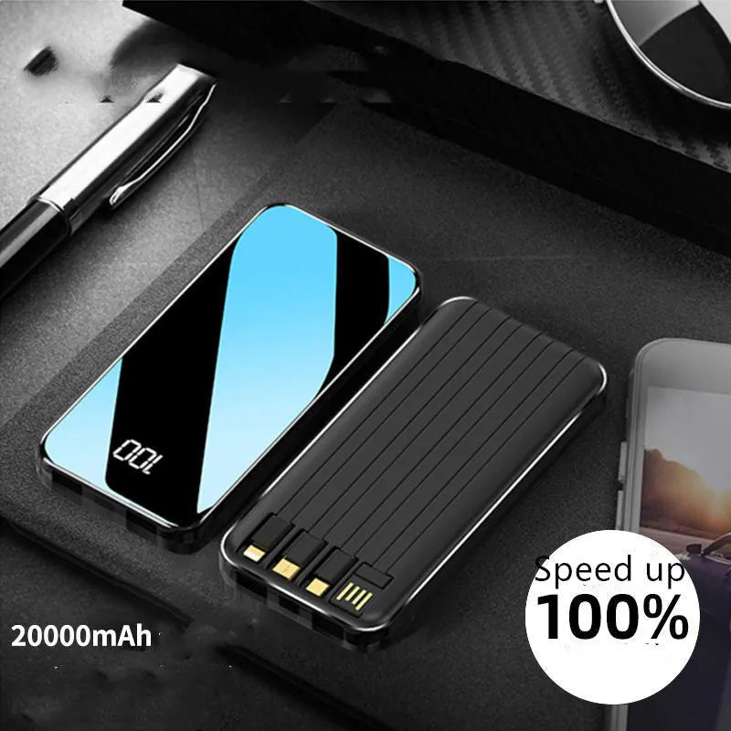 Portable power bank with digital display showing battery percentage, surrounded by USB, Micro USB, Type-C, and Lightning cables.