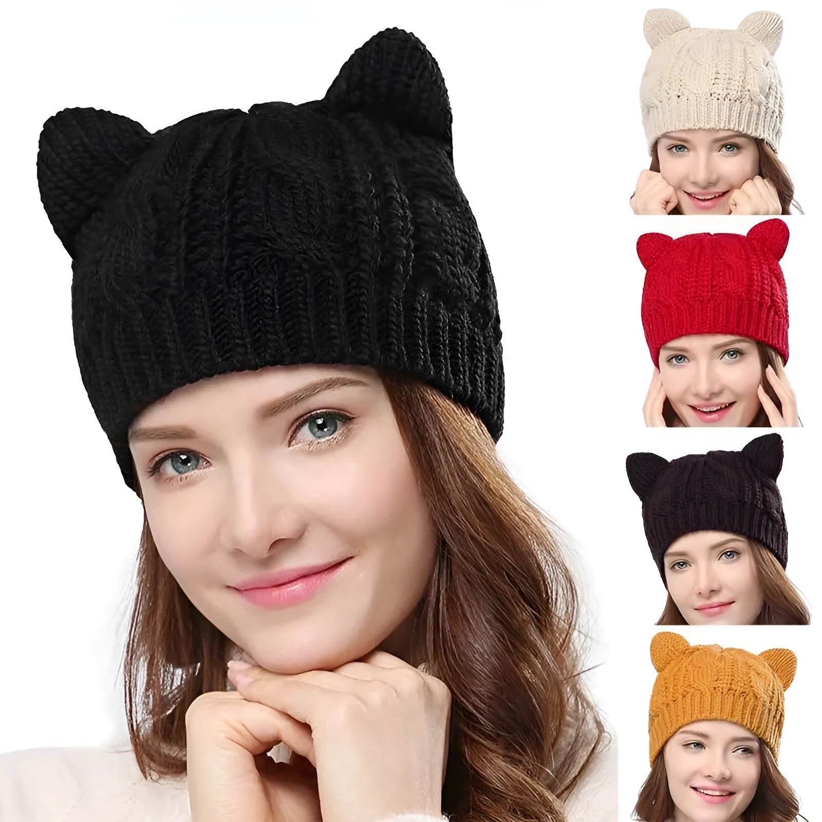 Hand knitted red wool beanie with 3D cat ears on a white background