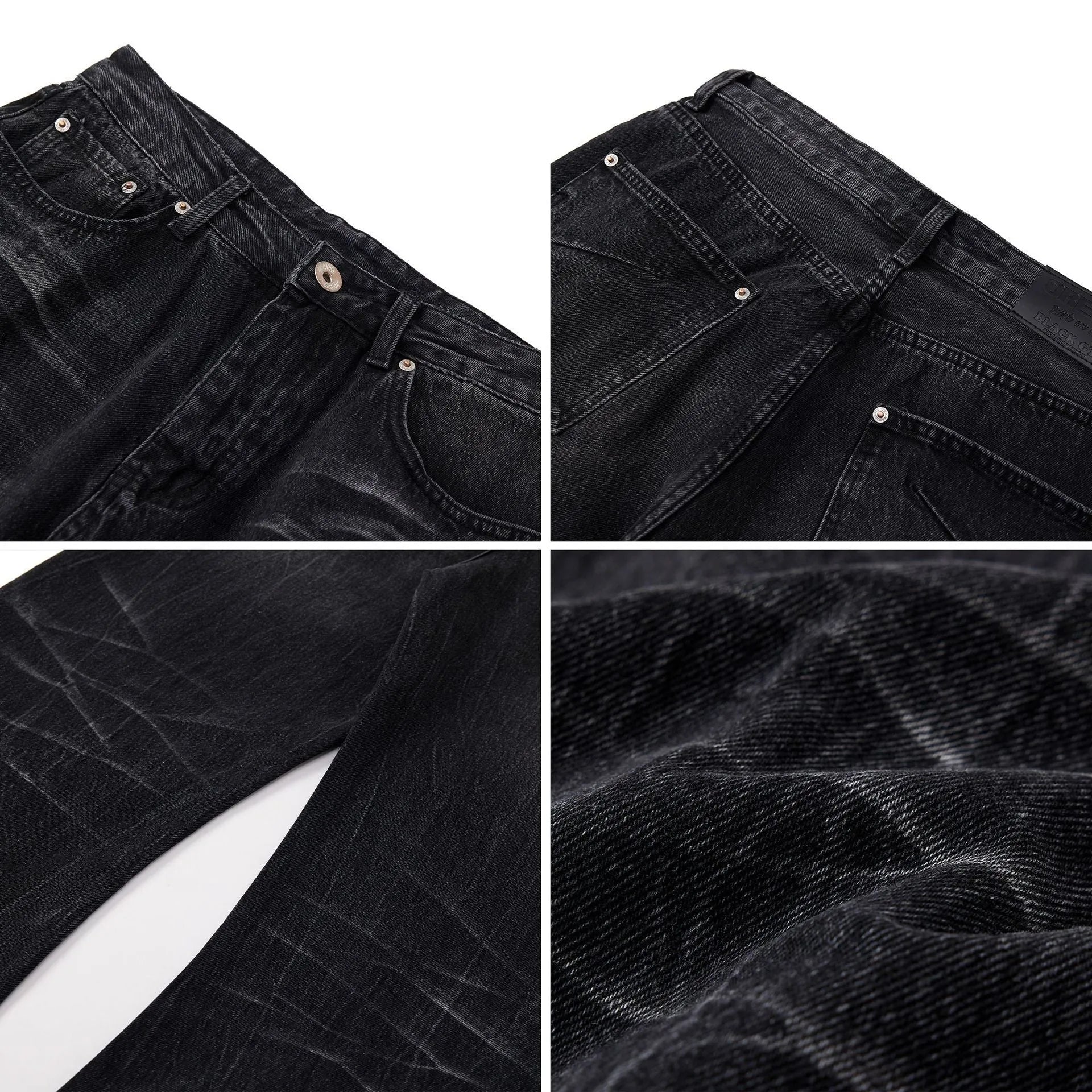 Men's black American washed straight leg jeans with old lightning crack detailing on a plain background