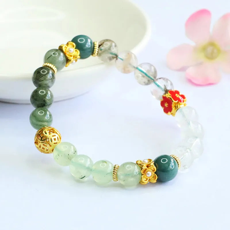 Natural green quartz rutilated duobao crystal bracelet with 8mm beads in Chinese style