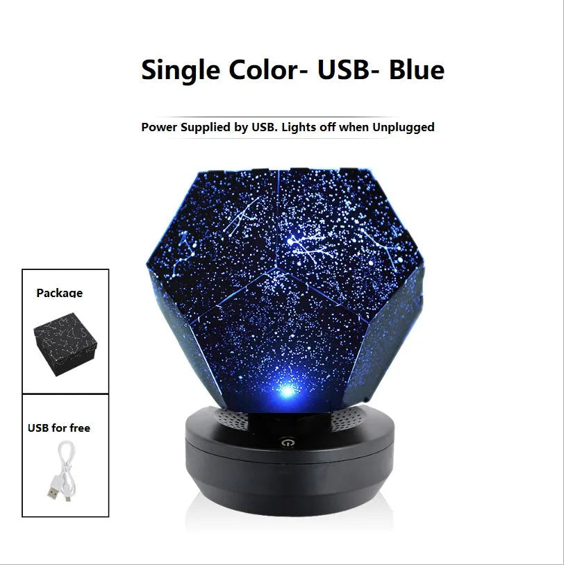 LED starry sky projector night lamp showing constellation projections on a bedroom ceiling with remote control