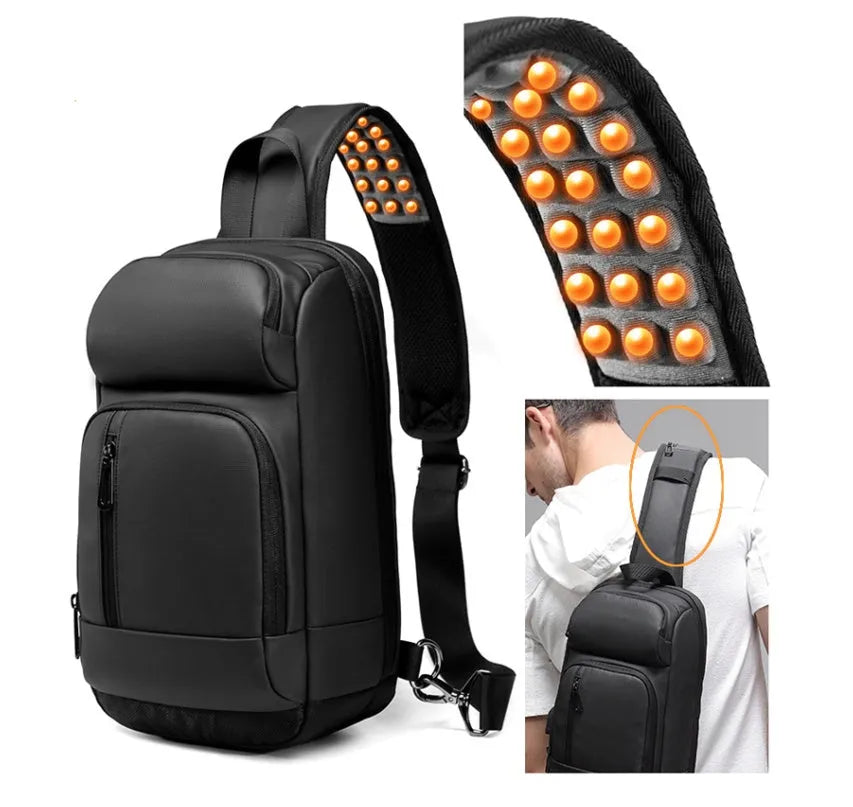 Black medium-sized PVC shoulder bag showing front zipper, air cushion strap, and internal laptop pocket.