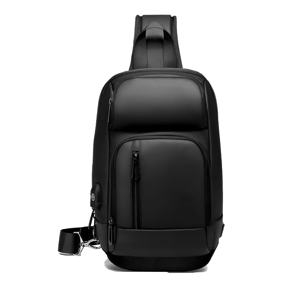 Black medium-sized PVC shoulder bag showing front zipper, air cushion strap, and internal laptop pocket.