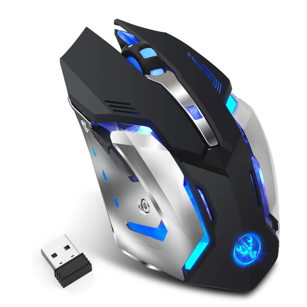 HXSJ black wireless gaming mouse with glowing LED lights and ergonomic shape for desktop use