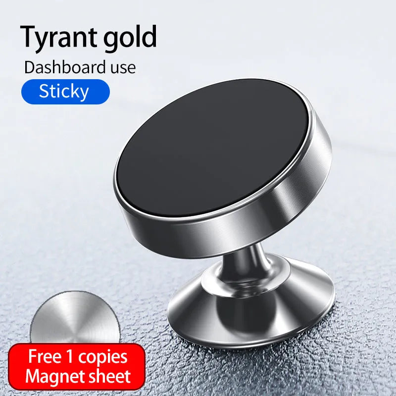 Magnetic car phone holder mounted on dashboard showing smartphone secured with 360-degree rotation adjustment