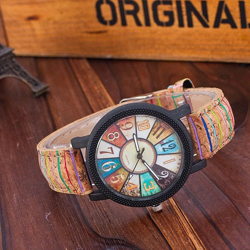 Women's vintage leather strap quartz watch with 37mm round dial and tempered glass crystal