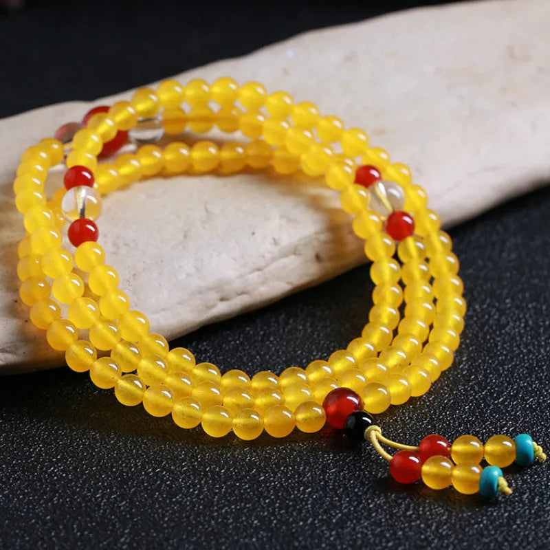 108-bead agate and crystal canary stone necklace bracelet jewellery set with geometric beads and lucky cat charm