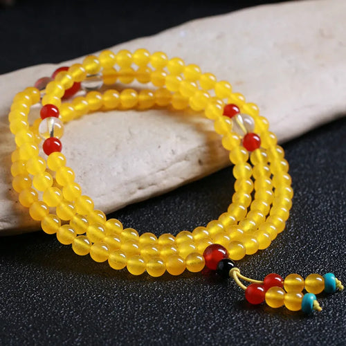 108-bead agate and crystal canary stone necklace bracelet jewellery set with geometric beads and lucky cat charm