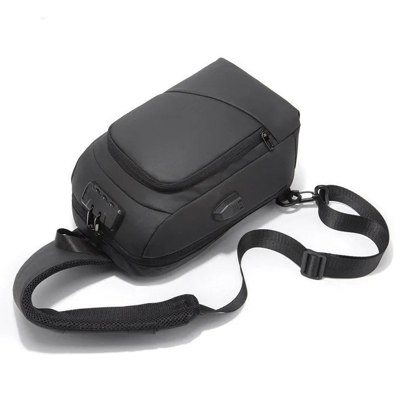 Black anti-theft lock chest bag with USB charging port, medium square shape, Polyamide fibre material