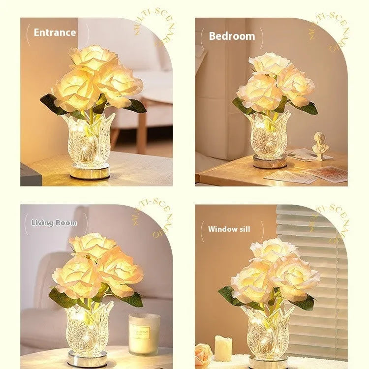 Modern crystal flowers table lamp with touch dimming control on wooden bedside table