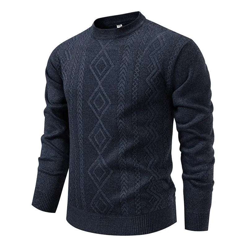 Men's loose knitted sweater in blue grey, round neck, long sleeve, ribbed hem, thickened polyester blend.