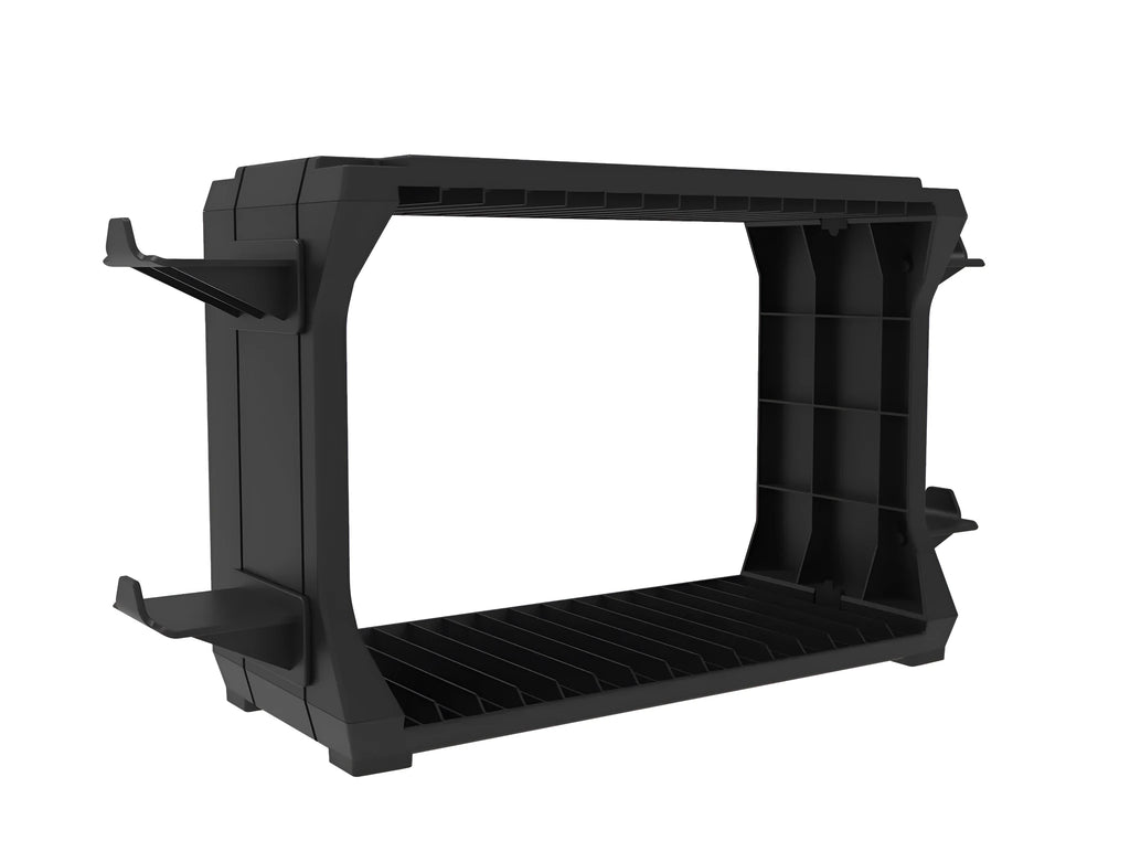 Black PS5 and Xbox Series X disc holder with game cartridge slots and controller storage