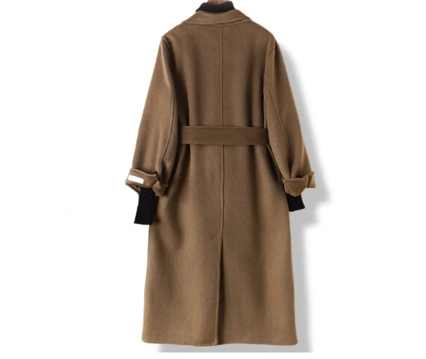 Men's wool coat with long suit collar in caramel colour showing single-breasted button front