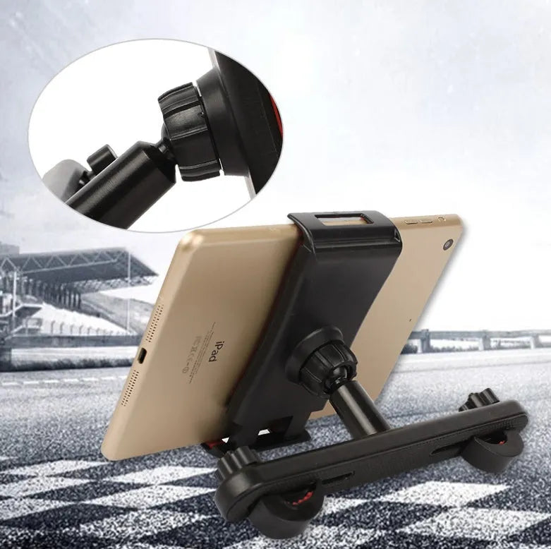 Black universal rotating tablet holder mounted on a car headrest, showing adjustable bracket.
