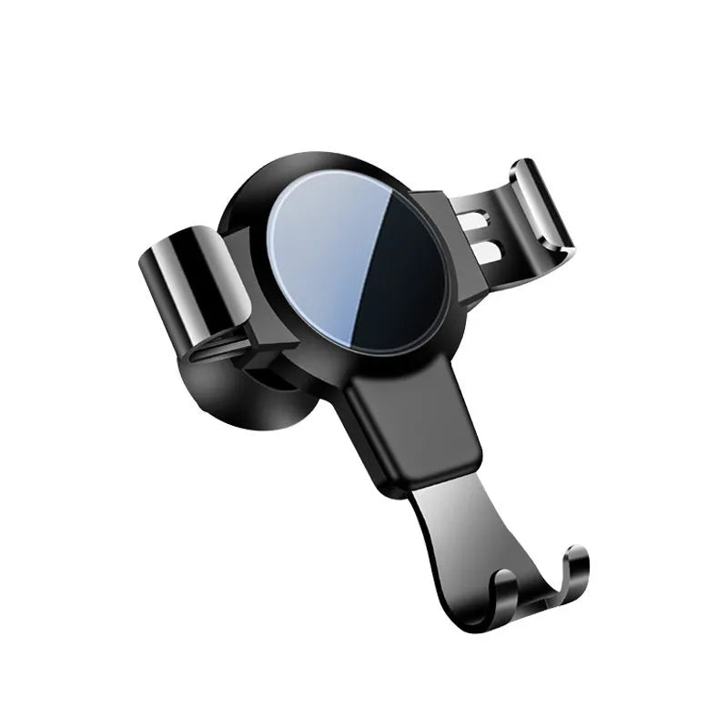 Black ABS gravity phone holder mounted on a car air vent with a mobile phone secured.