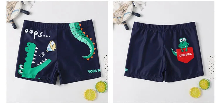 Cartoon boy swimsuit in navy blue with spandex blend, polyester lining, for children's swimming