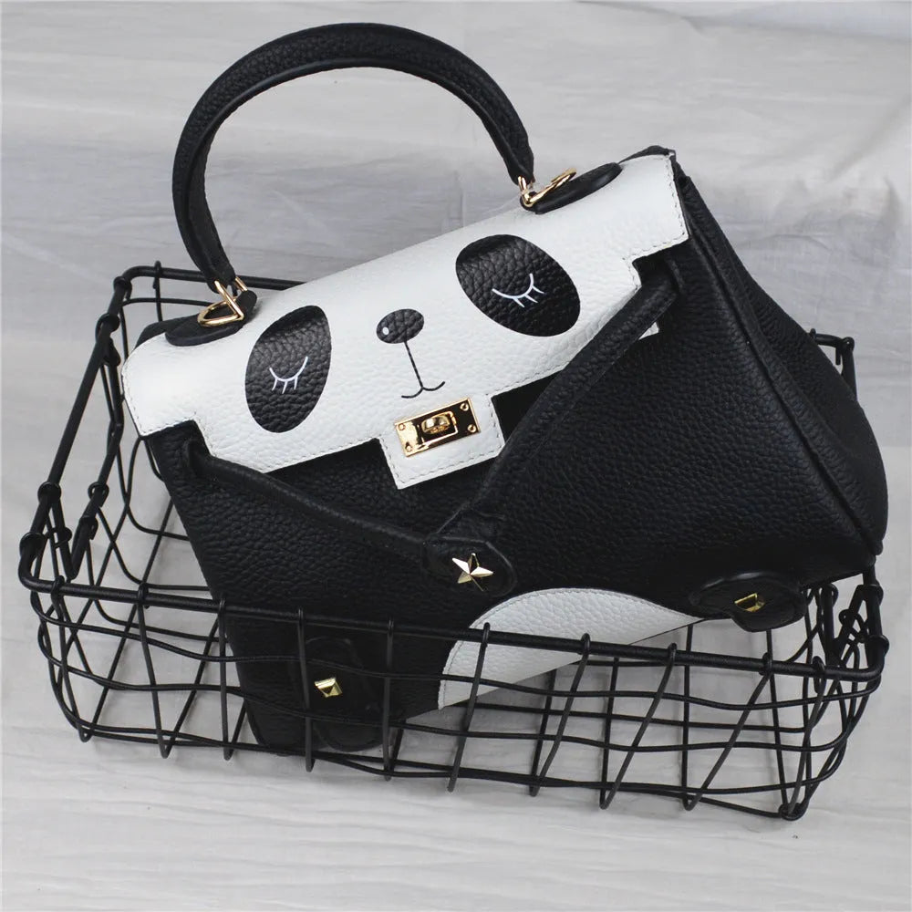 Horizontal square panda print handbag made from brown cowhide leather with sweet lady animal pattern.