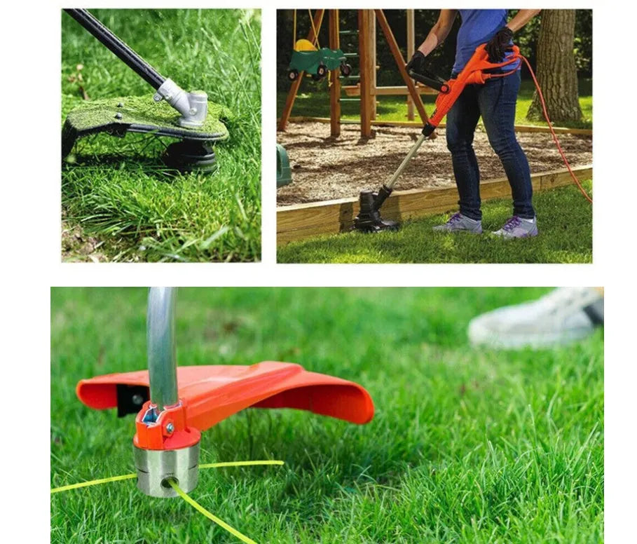 Silver aluminium Luzhu lawn mower grass head accessory with four square light yellow grass lines and a wrench.